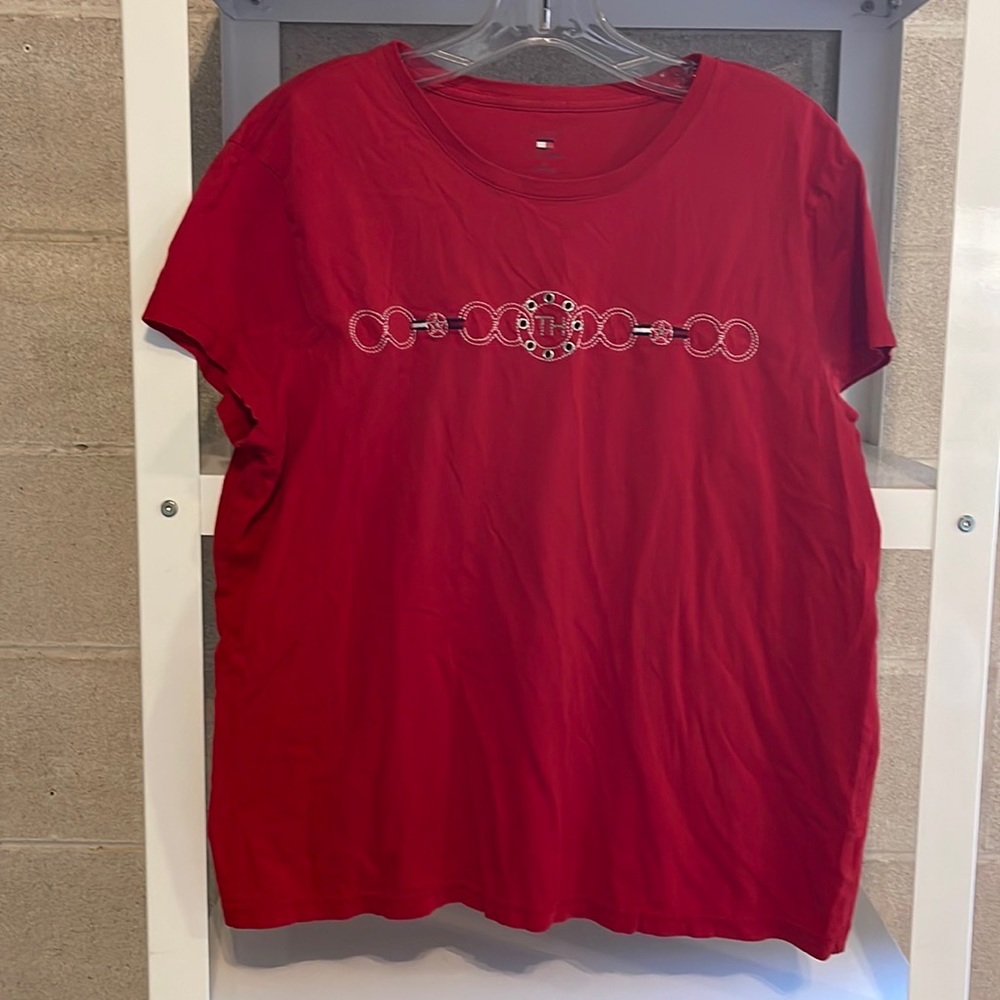 Tommy Hilfiger, red, capped sleeve, cotton t-shirt. Design on front.
